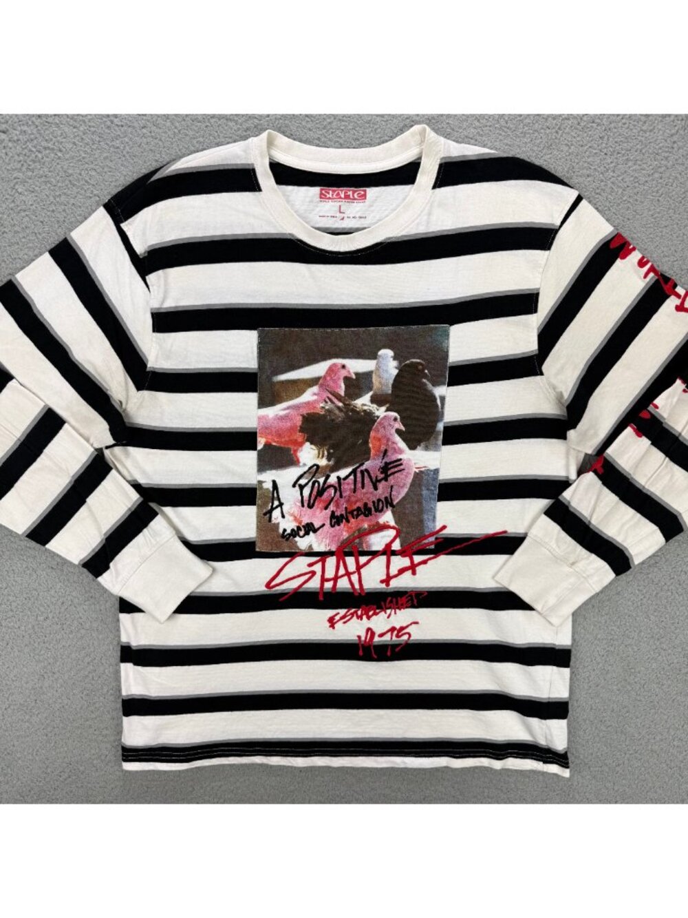 Staple Pigeon T Shirt Men Large L White Black Stripe Long Sleeve Jeff Streetwear